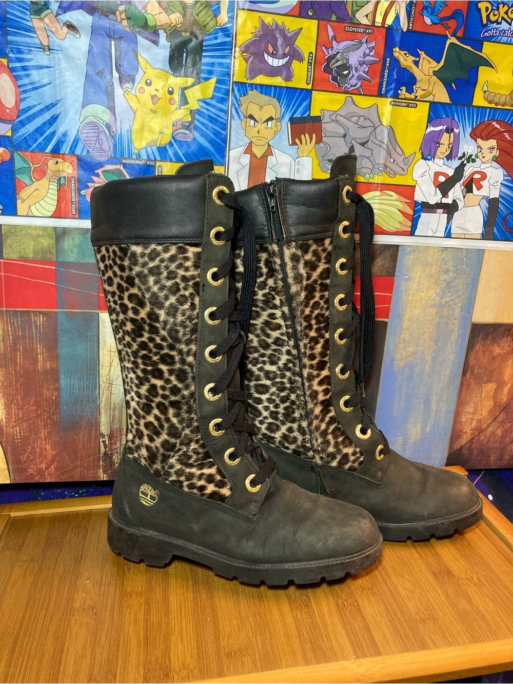 WOMEN’S DISTRESSED Timberland Black Lace-Up LEATHER Boots Leopard-Print Panels
